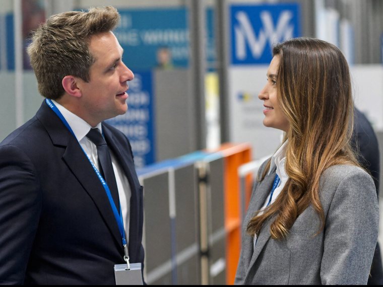 Mitarbeiter im persönlichen Austausch auf einer internationalen Fachmesse